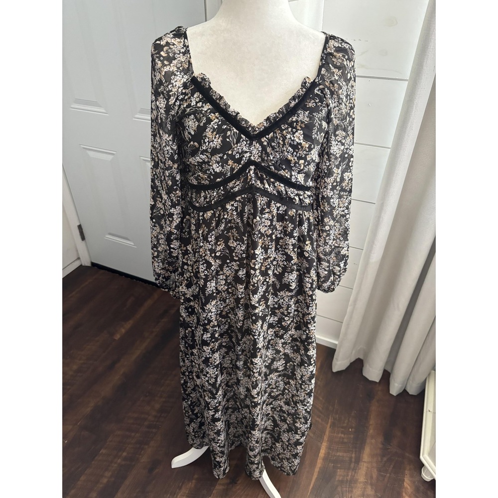 Promesa Dress Womens Medium Black Floral Sweetheart Maxi Boho‎ Long Sleeve
